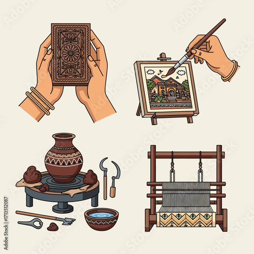 Artisan crafts: wood carving, painting, pottery, and weaving techniques illustrated.