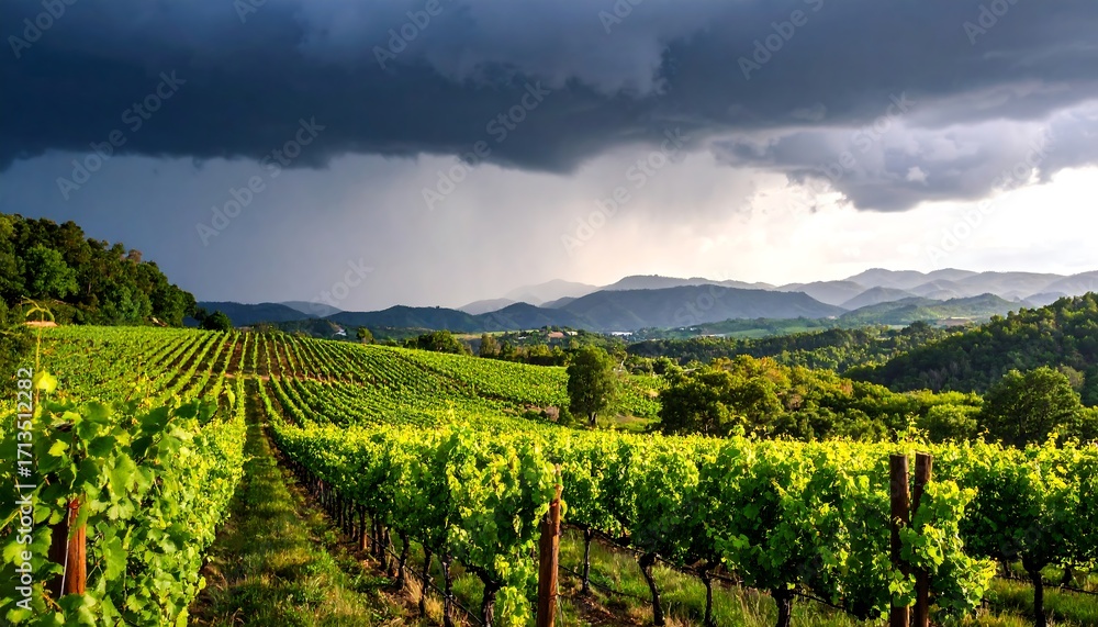 Obraz premium Vineyard landscape under dramatic sky