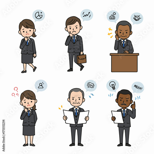 Diverse business professionals grappling with problems, ideas, and decisions, showing various emotions and thoughts in a corporate setting.