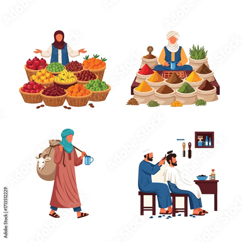 A collection of illustrations depicting scenes of daily life in a Middle Eastern market.