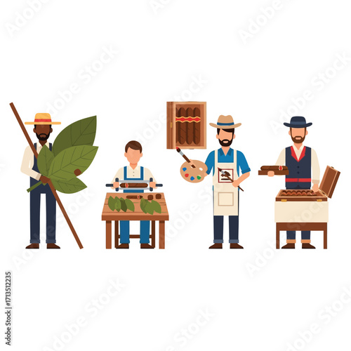 Illustration depicting cigar makers at various stages of production, from leaf to finished product.