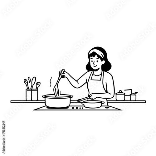 Black and White Vector Illustration of a Smiling Woman Cooking in Kitchen with Apron and Headband
