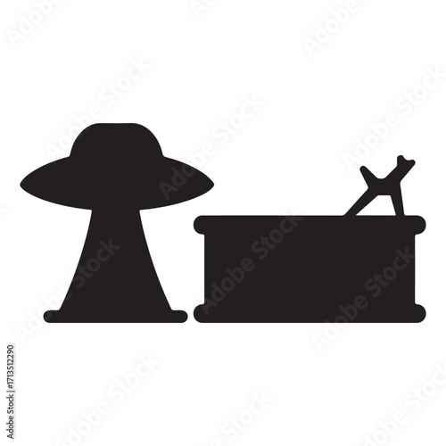 Black Silhouette Illustration of UFO Near Desk with Crashed Airplane Inside a Minimalist Concept Design