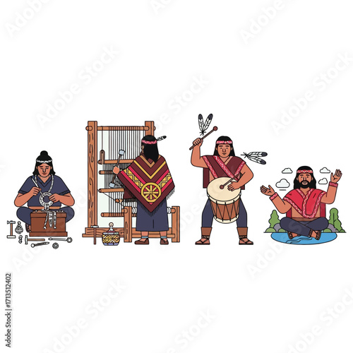 Indigenous people engaged in traditional crafts and spiritual practices, illustrated in a row.