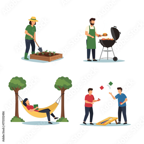 Four scenes depicting outdoor activities: gardening, grilling, relaxing in a hammock, and playing a bean bag toss game.