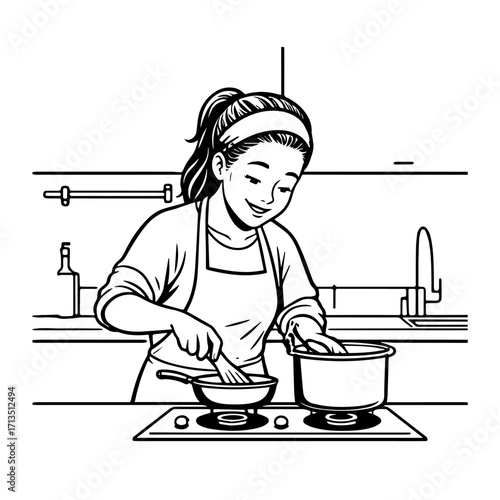 Black and White Vector Illustration of a Smiling Woman Cooking in Kitchen with Apron and Headband
