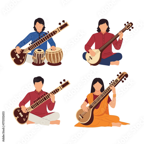 Four people sitting and playing traditional Indian musical instruments like the sitar and tabla.