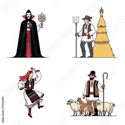 Four illustrations depicting a vampire, a farmer with hay, a dancing woman, and a shepherd with sheep.