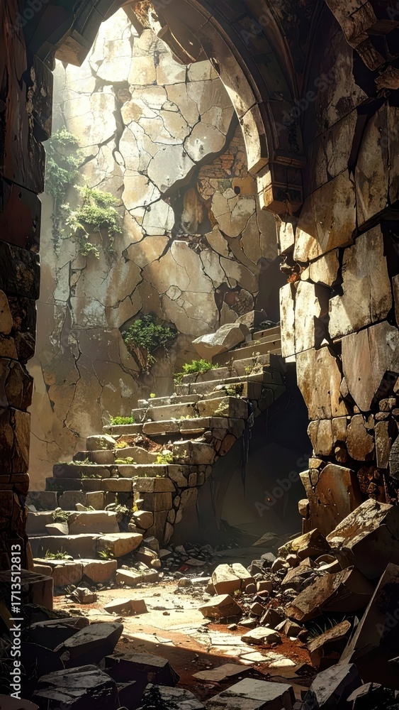 Naklejka premium Crumbling Stone Steps in a Sunlit Abandoned Structure