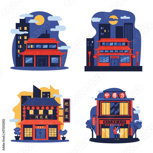 Four stylized illustrations of Chinese restaurants or temples at night, showcasing architectural details and nighttime cityscapes.