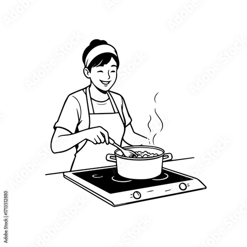 Black and White Vector Illustration of a Smiling Woman Cooking in Kitchen with Apron and Headband
