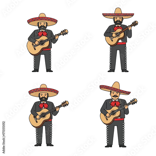 Four illustrations of a mariachi musician playing an acoustic guitar.