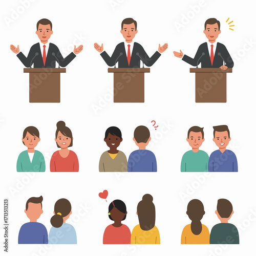 Diverse people engaging in communication and social interactions, featuring a speaker at a podium and various pairs illustrating relationships, discussion, and emotion.