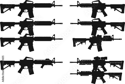 Black rifle silhouette vector set, AR-style tactical firearms, side view collection, weapon comparison, isolated military gun shapes on white background