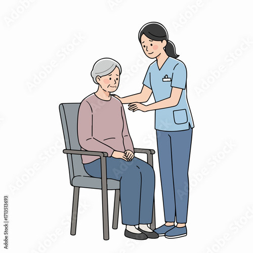 Caring caregiver comforts a sad elderly woman, providing support and empathy in senior care settings.