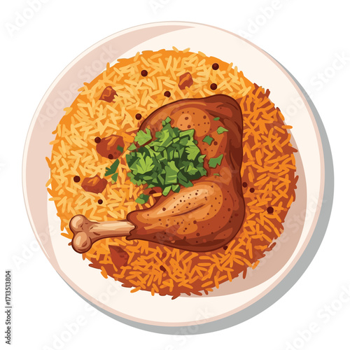 A delicious overhead view of a perfectly cooked chicken leg served on a bed of fragrant rice, garnished with fresh herbs