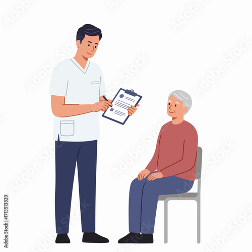 Healthcare professional consulting with a senior patient. A male nurse or doctor reviews medical records with an elderly woman during a check-up or medical examination.