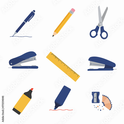 Flat design vector icons of essential office and school supplies. Includes pen, pencil, scissors, stapler, ruler, highlighters, and sharpener, isolated on white background.
