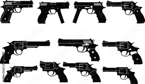 Black handgun silhouette vector set, semi-automatic pistols and revolvers, side view collection, firearm comparison, isolated weapon shapes on white background