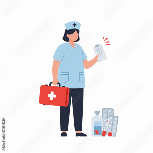 Healthcare worker illustration with essential medical supplies, clipboard, and first aid kit, representing patient care and professional health services.