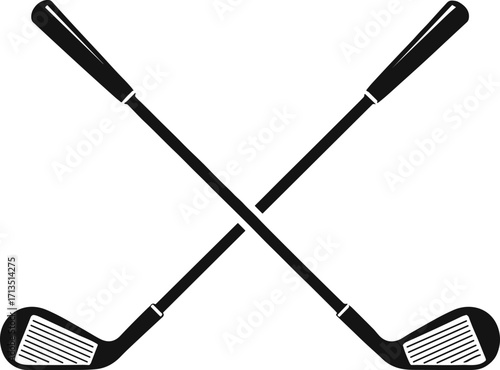 Crossed black golf clubs icon, minimalist sports vector, golf equipment silhouette, tournament symbol, golfing logo design, white background, modern illustration