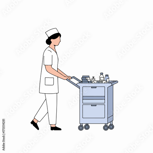 Nurse pushing medical cart illustration, healthcare worker with supplies for patient care in a hospital setting.