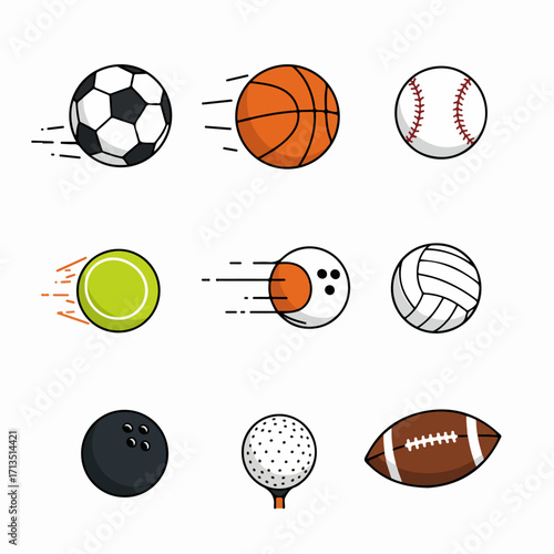 Sports Balls Collection: Vector set of popular game balls like soccer, basketball, baseball, tennis, and American football, depicted with energetic motion lines.