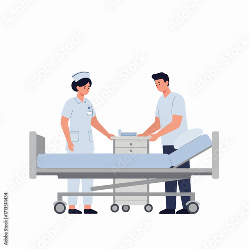Nurse and male patient interaction by a hospital bed with a bedside table, illustrating healthcare service, patient support, and medical facility environment.