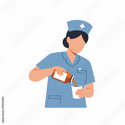 Nurse pouring medicine into a cup, illustrating healthcare, medication administration, and medical care in a clean vector illustration style.