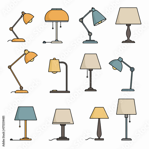 Collection of various flat design table and desk lamps. Cartoon vector illustrations showing different styles and colors of lighting fixtures for home or office interiors.