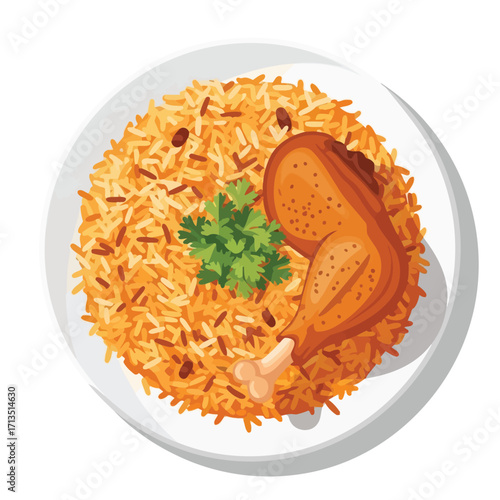 A flavorful and aromatic chicken and rice dish, garnished with fresh herbs, served on a white plate from a top-down perspective