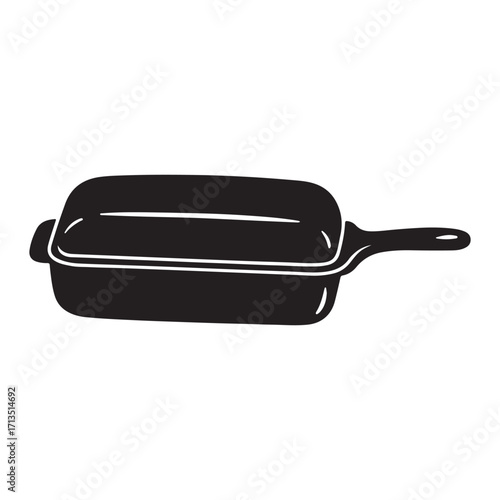 Classic Black Cast Iron Skillet with Lid Illustration for Culinary and Cooking Themes perfect for restaurant menus and online food stores