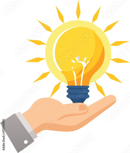 Hand holding bright light bulb symbolizing innovation and new ideas with sun rays vector