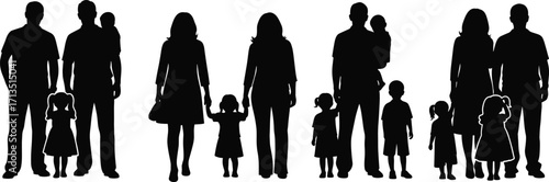 Family silhouette vector set, black parent child icons, diverse group illustrations, caregiving concept, social relationship clipart, editable graphic design elements