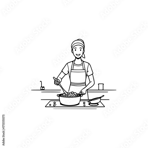 Black and White Vector Illustration of a Smiling Woman Cooking in Kitchen with Apron and Headband
