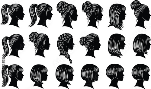 Female hairstyle silhouette set, black hair profile icons, fashion haircut vector collection, beauty design elements, editable clipart for salon, stylist, branding
