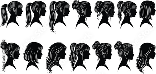 Female hairstyle silhouette, black profile heads, diverse hair designs, ponytail, bun, braid, fashion vector, beauty illustration, woman hair style collection