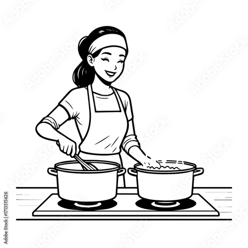 Black and White Vector Illustration of a Smiling Woman Cooking in Kitchen with Apron and Headband
