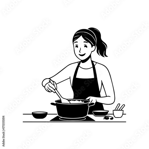 Black and White Vector Illustration of a Smiling Woman Cooking in Kitchen with Apron and Headband
