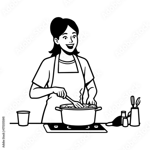 Black and White Vector Illustration of a Smiling Woman Cooking in Kitchen with Apron and Headband
