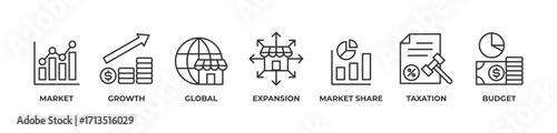 Budget to Globa  Icons set vector illustration outline with market, growth, global, expansion, market share, taxation, budget