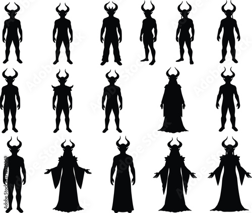 Horned humanoid silhouette vector set, demon character illustration, mystical dark figures, fantasy monster poses, black evil entity design, occult themed graphic