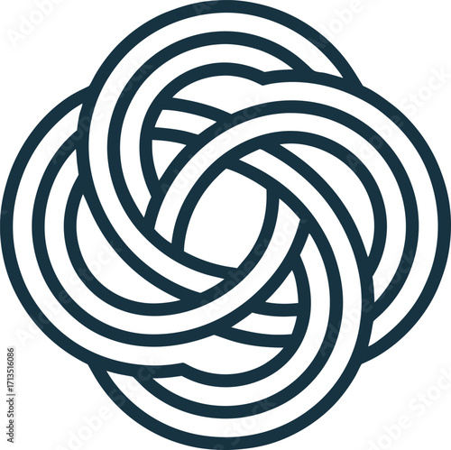 Minimal spiral loop knot, line art, overhead flat view, white background.