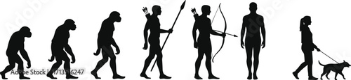 Human evolution silhouette, primate to modern man, walking dog, black vector illustration, historical progression, anthropology timeline, tool use, posture development, species transition