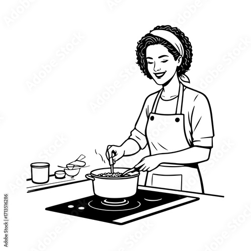 Black and White Vector Illustration of a Smiling Woman Cooking in Kitchen with Apron and Headband
