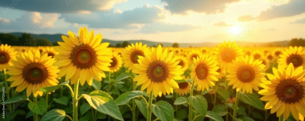 Obraz premium Sun-drenched sunflowers in a vast summer field , summer, farm