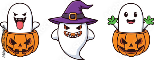 Cute and spooky cartoon Halloween ghosts with pumpkin, funny ghost in witch hat, scary character illustration, holiday decoration, vector artwork