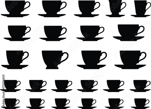 Teacup silhouette collection, black vector icons, vintage saucer set, grid layout, kitchenware design, minimalist tea cup illustration, decorative elements, pattern concept