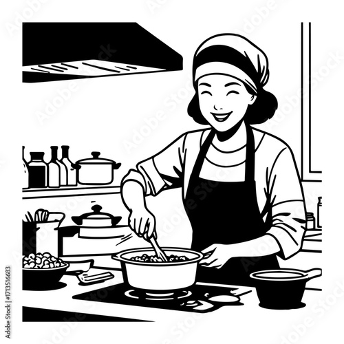 Black and White Vector Illustration of a Smiling Woman Cooking in Kitchen with Apron and Headband

