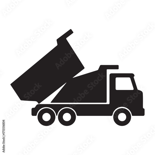 Dump truck icon in black and white illustration for construction and transportation industry showcasing heavy equipment and vehicle design elements for commercial use
